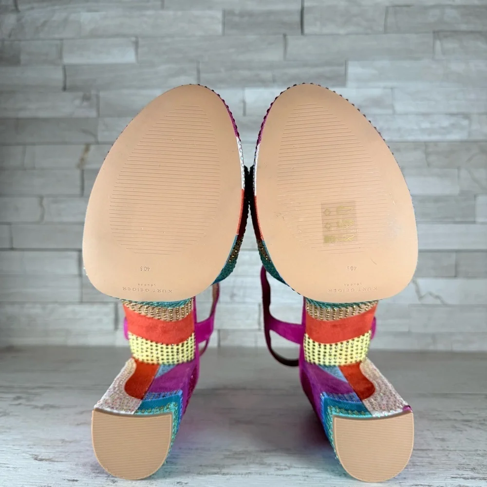 Kurt Geiger London Kensington Glitz Rainbow Rhinestone Platform Sandals SZ 40.5